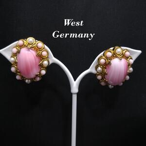 West Germany Pink Clip Earrings, Pink Glass, Faux Pearls, 1950s Vintage Jewelry